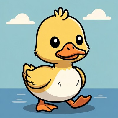 Happy cartoon duck walking by water