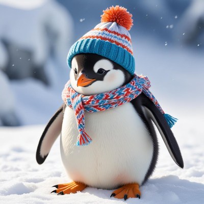 Penguin in winter hat and scarf