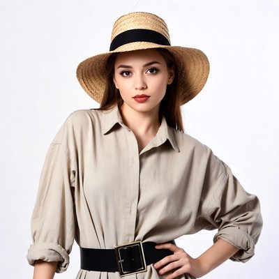 Model in straw hat poses confidently