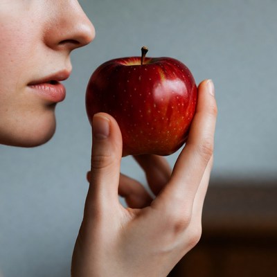 Woman holding red apple close