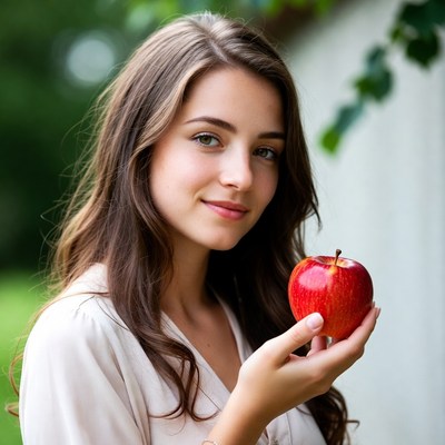 Woman holding red apple outdoors