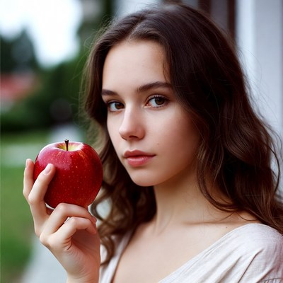 Young woman holds apple outside