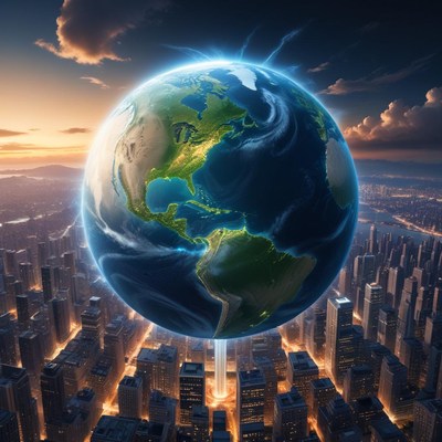 Earth hovering over city skyline