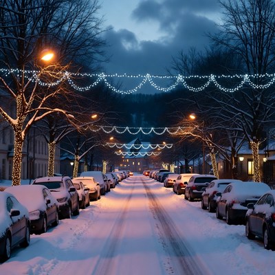 Snowy street decorated with lights