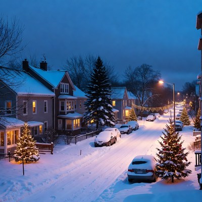 Winter evening in a snowy neighborhood