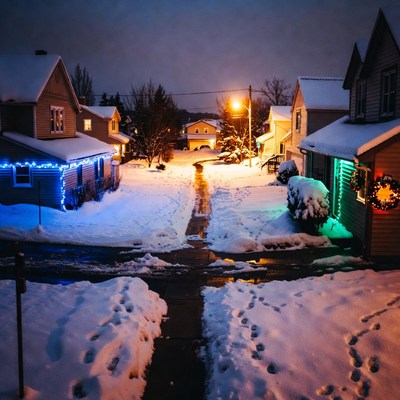 Winter evening in a snowy neighborhood