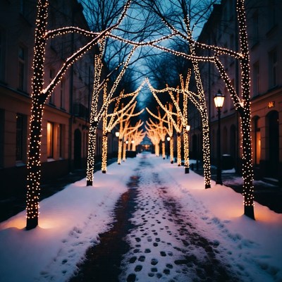 Snowy street with glowing lights