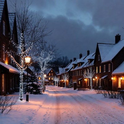 Snowy street with holiday lights