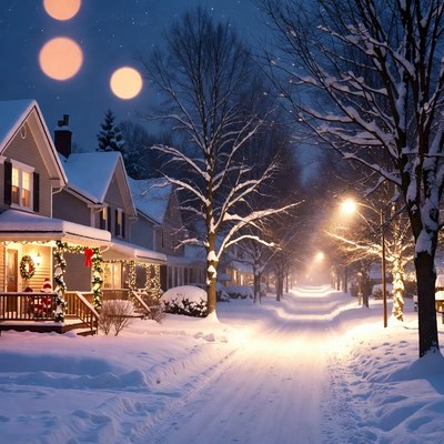 Snowy neighborhood during winter night
