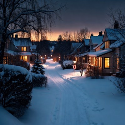 Winter evening in a cozy neighborhood