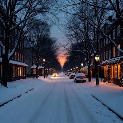 Snowy street at dusk in winter