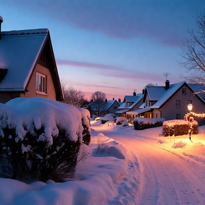 Snowy evening in a quiet neighborhood