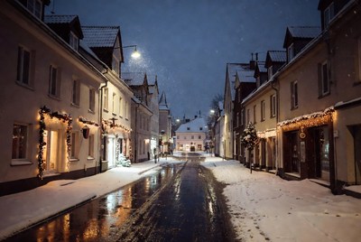 Winter night in a snowy town