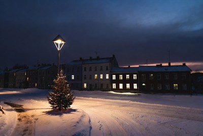 Snowy evening in a quiet town