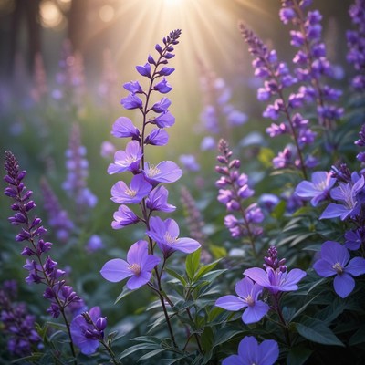 Purple flowers bloom in sunlight