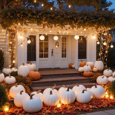 Charming autumn entrance with pumpkins