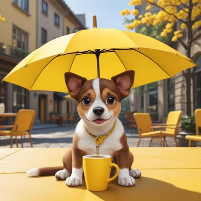 Cute dog with umbrella at cafe
