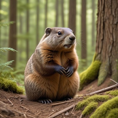 Marmot resting in forest setting