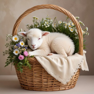 Lamb resting in a flower basket