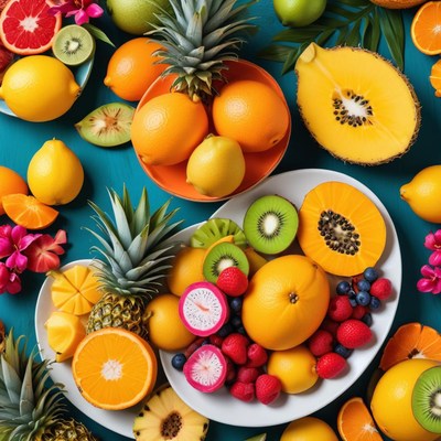 Colorful fruit arrangement on teal surface