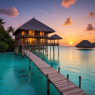 Stunning sunset over water villa