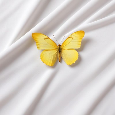 Bright yellow butterfly on white fabric
