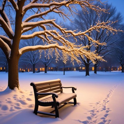 Serene winter scene with snow-covered bench
