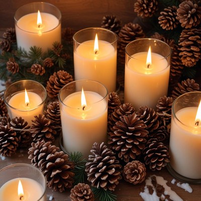 Cozy candles with pinecones decor