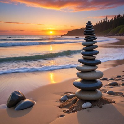 Stacked stones by the beach at sunset