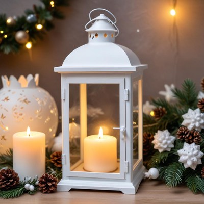 White lantern with candles and decorations