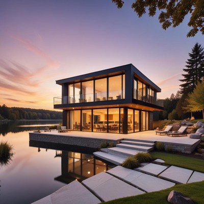 Modern lakeside home at sunset