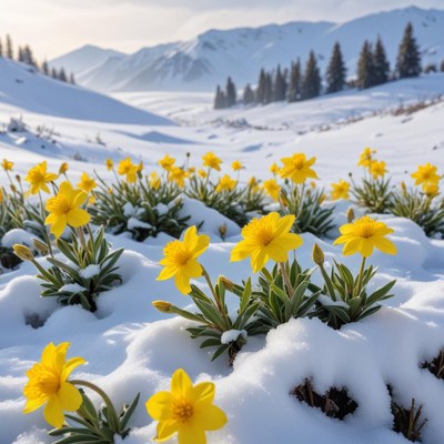 Yellow flowers bloom in snowy landscape