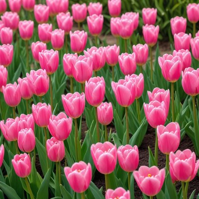 Pink tulip field in spring bloom