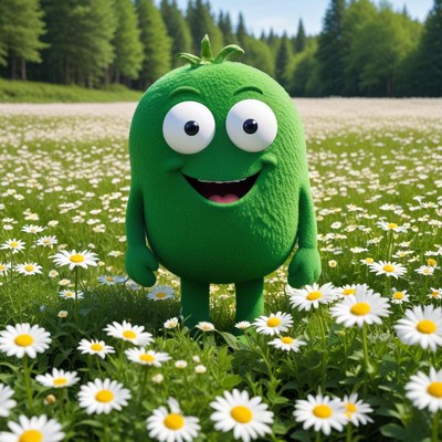 Smiling green character in flower field
