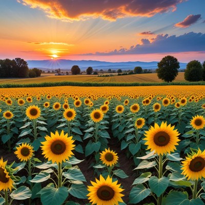 Bright sunflowers under sunset sky