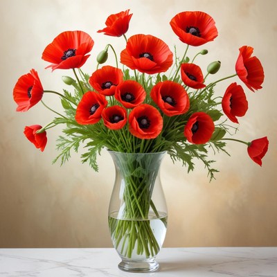 Bright poppy bouquet in clear vase