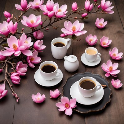 Coffee moment with pink blossoms