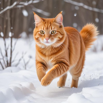 Orange cat running in the snow