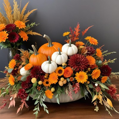 Autumn floral arrangement with pumpkins