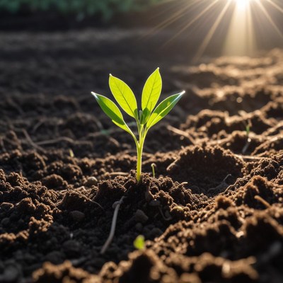 New plant sprouts from soil at dawn