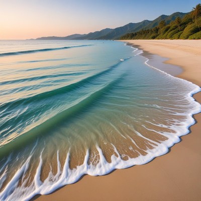 Sunset over calm beach waves