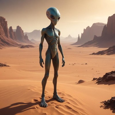 Alien figure in desert landscape
