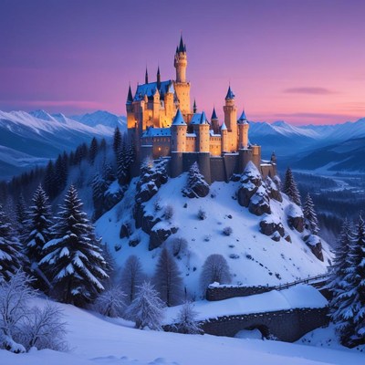 Winter sunset over a majestic castle