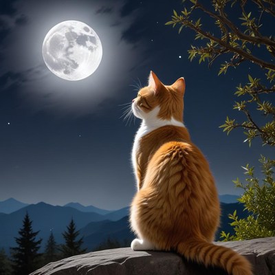 Cat gazes at full moon in serene night