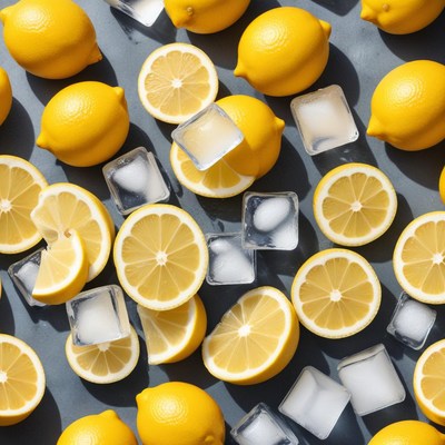 Bright lemons and ice cubes scattered