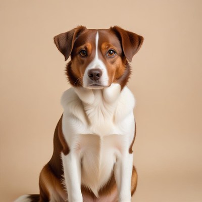 Brown and white sitting dog portrait