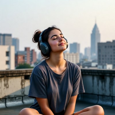 Young woman enjoying music on rooftop