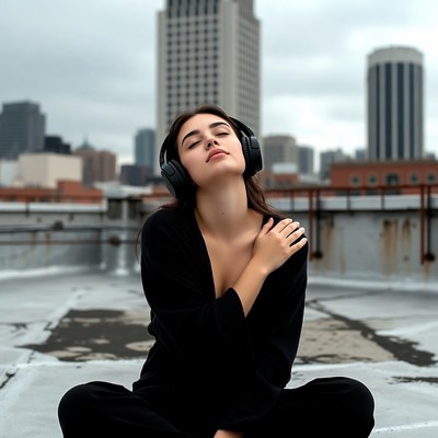 Listening peacefully on the rooftop