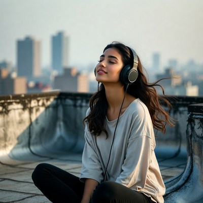 Woman enjoying music on rooftop