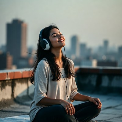 Enjoying music on rooftop at sunset